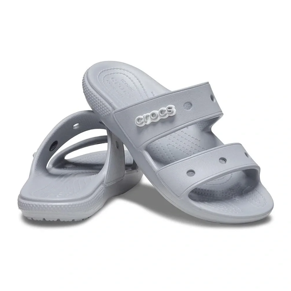 Crocs Men’s Classic Smiley Sandal Slip On Slippers Two Straps in Light Gray 11